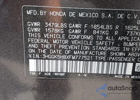 2015 Honda Fit Ex/Ex-L z USA, uszkodzony, nr VIN 3HGGK5H8XFM777521